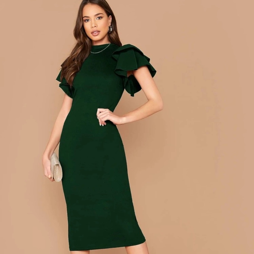 Green ruffle sleeve pencil fitted midi dress